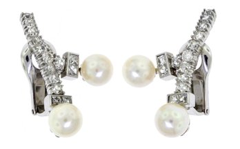 Vintage Platinum Pearl And Diamond Clip Earrings (CTF10)