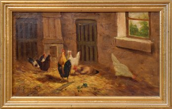 Antique Jacques Oil On Canvas, Chickens (CTF10)