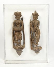 Two Antique Southeast Asian Carved Wood Temple Attendants (CTF30)