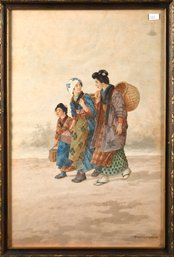 Vintage T. Nakayama Watercolor, Figures With Baskets (CTF10)