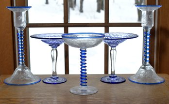 Vintage Blue Spiral Etched Glass, 5 Pcs (CTF20)