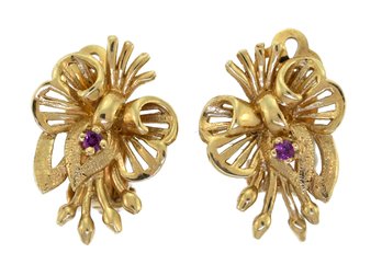 14K Gold And Ruby Floral Clip Earrings (CTF10)