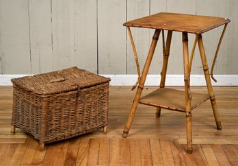 Vintage Wicker Basket And Bamboo Stand (CTF20)