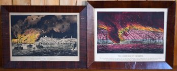 Two 19th C. Currier & Ives Lithographs, Burning Of Chicago, Great Fire Of Boston (CTF10)