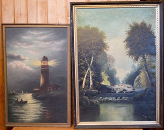 Two Antique Oils, Lighthouse And River (CTF10)