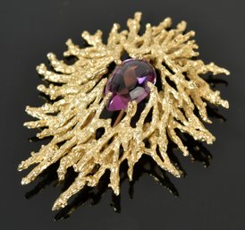 Vintage 14k Gold Coral Branch Amethyst Brooch (CTF10)