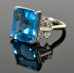 14k White Gold & Platinum, Blue Topaz & Diamond Ring (CTF10)