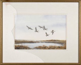 Vintage E. Johnson Watercolor, Geese In Flight (CTF10)