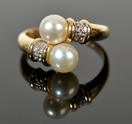 14k Gold Bypass Pearl & Diamond Ring (CTF10)