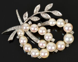 Vintage 14k Gold, Pearl & Diamond Double Wreath Pin (CTF10)