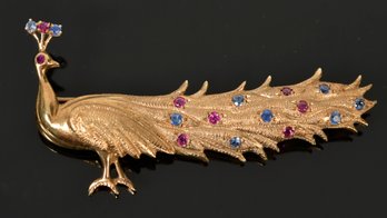 Vintage 14k Gold, Ruby & Sapphire Peacock Pin (CTF10)