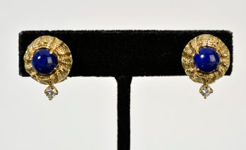 18k Gold Basket Weave, Lapis & Diamonds Earrings (CTF10)