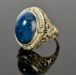 14k White Gold Lapis And Pearl Ring (CTF10)