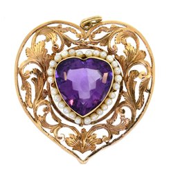 Vintage 14k Gold Amethyst & Pearl Heart Pendant(CTF10)