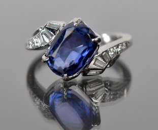 3.60 CT Synthetic Blue Sapphire & Diamond 14K White Gold Ring  (CTF10)