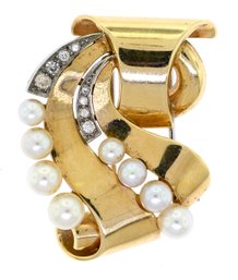 Vintage Retro 14k Gold Pearl & Diamond Brooch (CTF10)