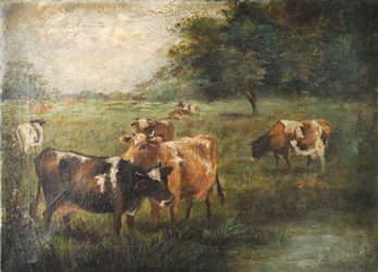 19th C. Oil On Canvas, Cows In Landscape (CTF10)