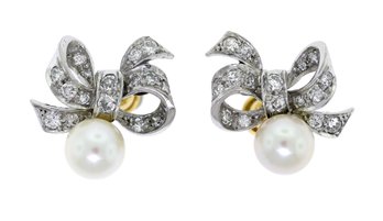 Antique 14k Gold, Diamond And Pearl Earrings (CTF10)