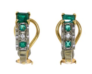14k Gold Emerald & Diamond Half Hoop Earrings (CTF10)