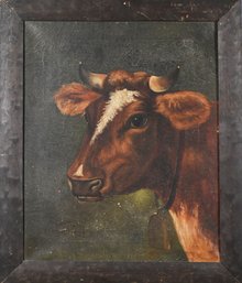 19th C. Primitive Oil On Canvas, Cow Portrait (CTF10)