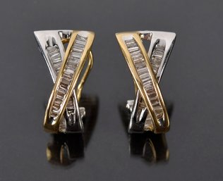 14k Two Tone Gold 'X' Baguette Diamond Post Earrings (CTF10)