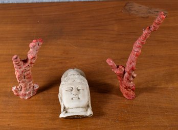 Vintage Red Coral & Carved Stone Buddha Head, 3pcs. (CTF10)