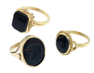 Three Vintage, 10k Gold Black Onyx & Bloodstone Rings (CTF10)