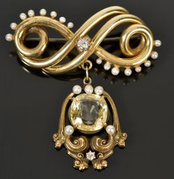 Antique 14k Gold Citrine Pearl And Diamond Brooch (CTF10)