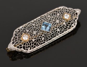 Antique 14k Gold Filigree Diamond & Aquamarine Pin (CTF10)