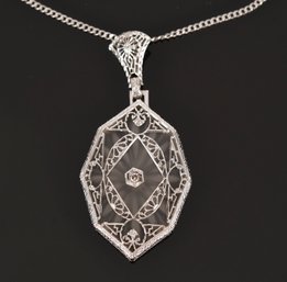 Vintage 14k Gold Carved Rock Crystal & Diamond Necklace (CTF10)