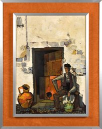 Mid-Century Oil On Board, Man By Doorway (CTF20)