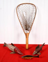 Three Antique Wooden Fish Decoys & Antique Fishing Net (CTF20)