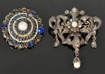 Art Nouveau Style & Circular Blue Stone And Pearl Pins (CTF 0)