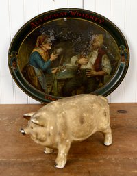 Antique Chalkware Pig With Advertising Tray (CTF10)