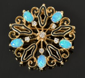 Vintage 14k Gold Opal, Diamond And Enamel Pin (CTF10)