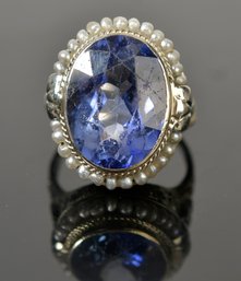 18k Gold Synthetic Sapphire And Pearl Ring (CTF10)
