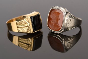 Two Men's Antique 18k Onyx And Silver Intaglio Rings (CTF10)