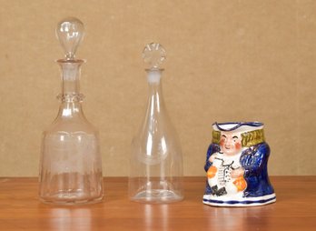 Two 19th C. Etched Glass Decanters With Antique Toby Jug (CTF10)