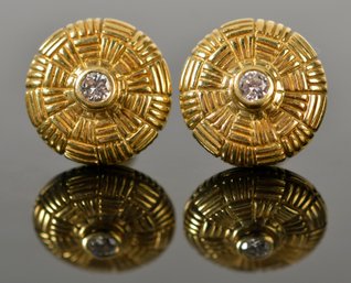 18k Yellow Gold Textured Button Style Diamond Earrings (CTF10)