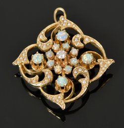 14k Yellow Gold Opal, Half Pearl & Diamond Pin/pendant (CTF10)