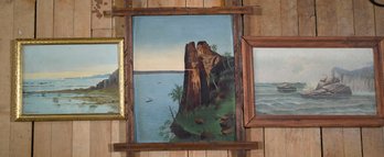 Three 19th C. Primitive Oils, Seascapes (CTF10)