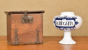 Antique Delft Wet Herb Jar & Early Oak Lift Top Box, 2pcs. (CTF20)