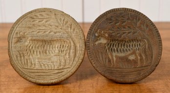 Two 19th C. Carved Wood Butter Stamps, Cows (CTF10)