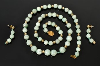 Chinese Jade And Gold Bead Necklace And Earrings (CTF10)
