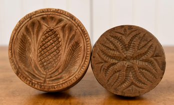 Two 19th C. Carved Wood Butter Stamps Tulips And Pineapple (CTF10)