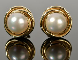 14k Mabe Pearl Post Earrings W/ Omega Clip Backs (CTF10)