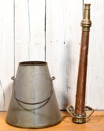 Antique Threseman Copper Fire Hose And Conical Brass Bucket (CTF10)