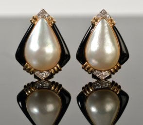 14k Yellow Gold Mabe Pearl Earrings W/ Black Enamel & Diamonds (CTF10)