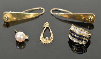 Yellow Gold Diamond And Sapphire Earrings, Pendant, Other Earrings (CTF10)