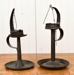 Two Antique Tin Betty Lamps On Stands (CTF10)